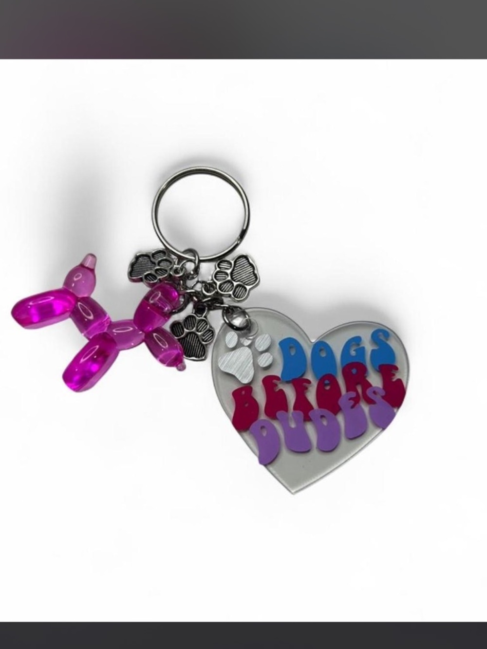 Heart Keychain with Pink Balloon Dog and Paw Charms